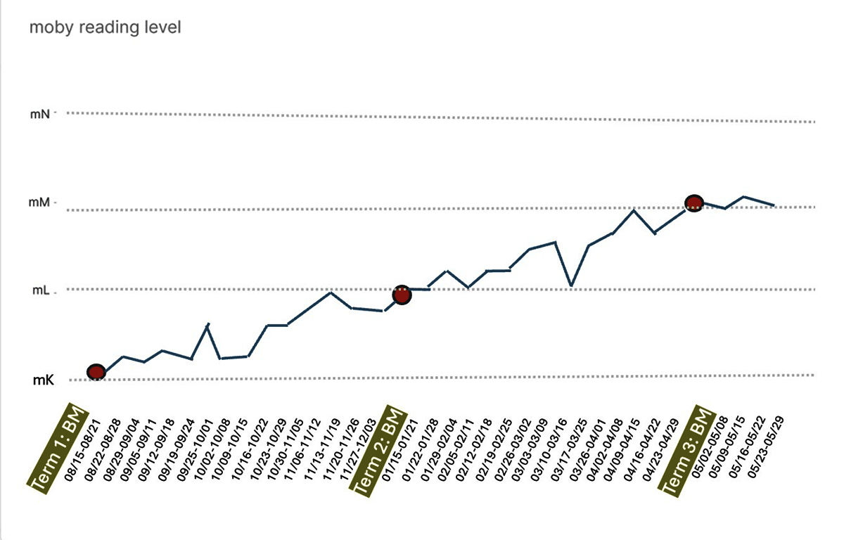 Term 2 중간점: mL 수준 진입, 읽기, 정확도, 이해력의 균형 잡힌 향상